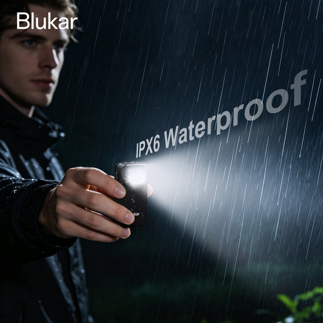 Blukar Mini LED Rechargeable Torch being used in a heavy night storm, demonstrating its premium IPX6 waterproof rating and super bright beam.