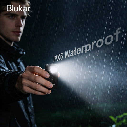 Blukar Mini LED Rechargeable Torch being used in a heavy night storm, demonstrating its premium IPX6 waterproof rating and super bright beam.