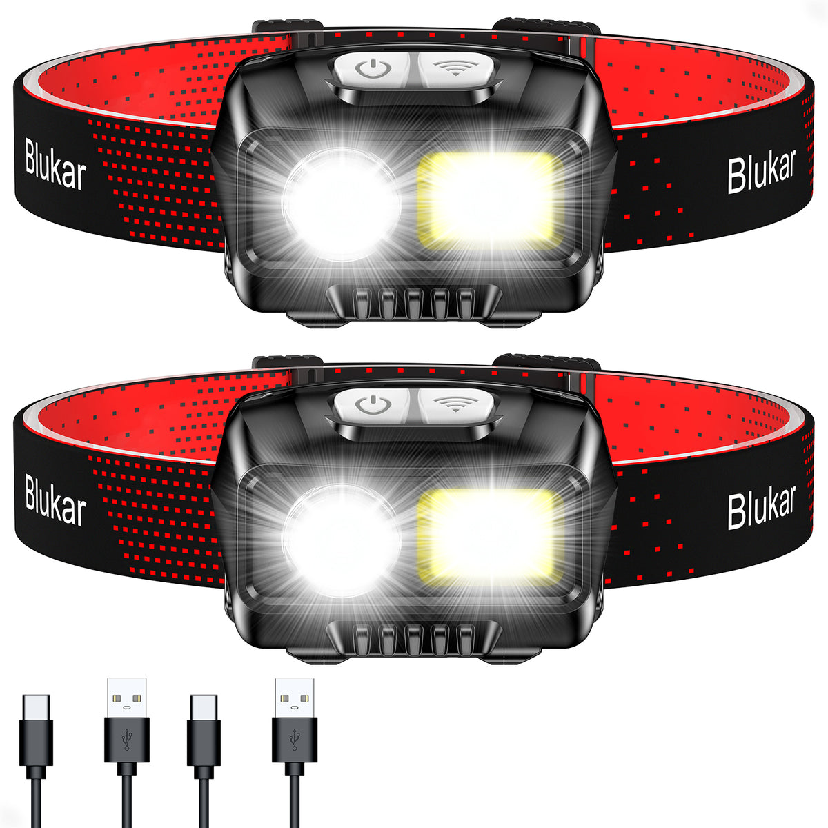 Blukar Rechargeable Headlamp Flashlight (2 Pack) – 2000LM Dual Beam, 8 Modes, Sensor Control, IPX5 Waterproof