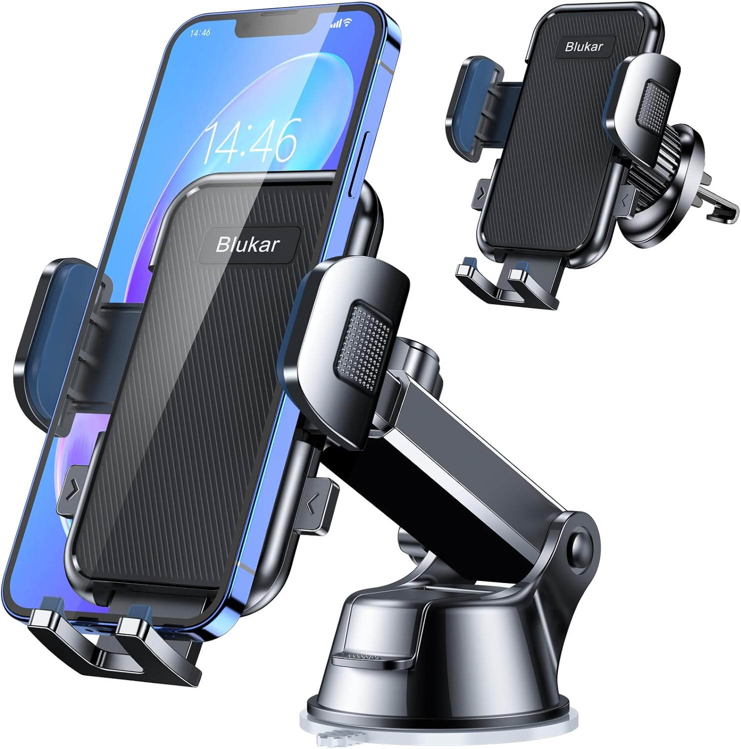 Blukar Adjustable Phone Mount Cradle 360° Rotation - 4 in 1 Strong Suction Phone Holder for Car Dashboard/Windscreen/Air Vent - One Button Release for 4.0 to 6.7 inch Phones
