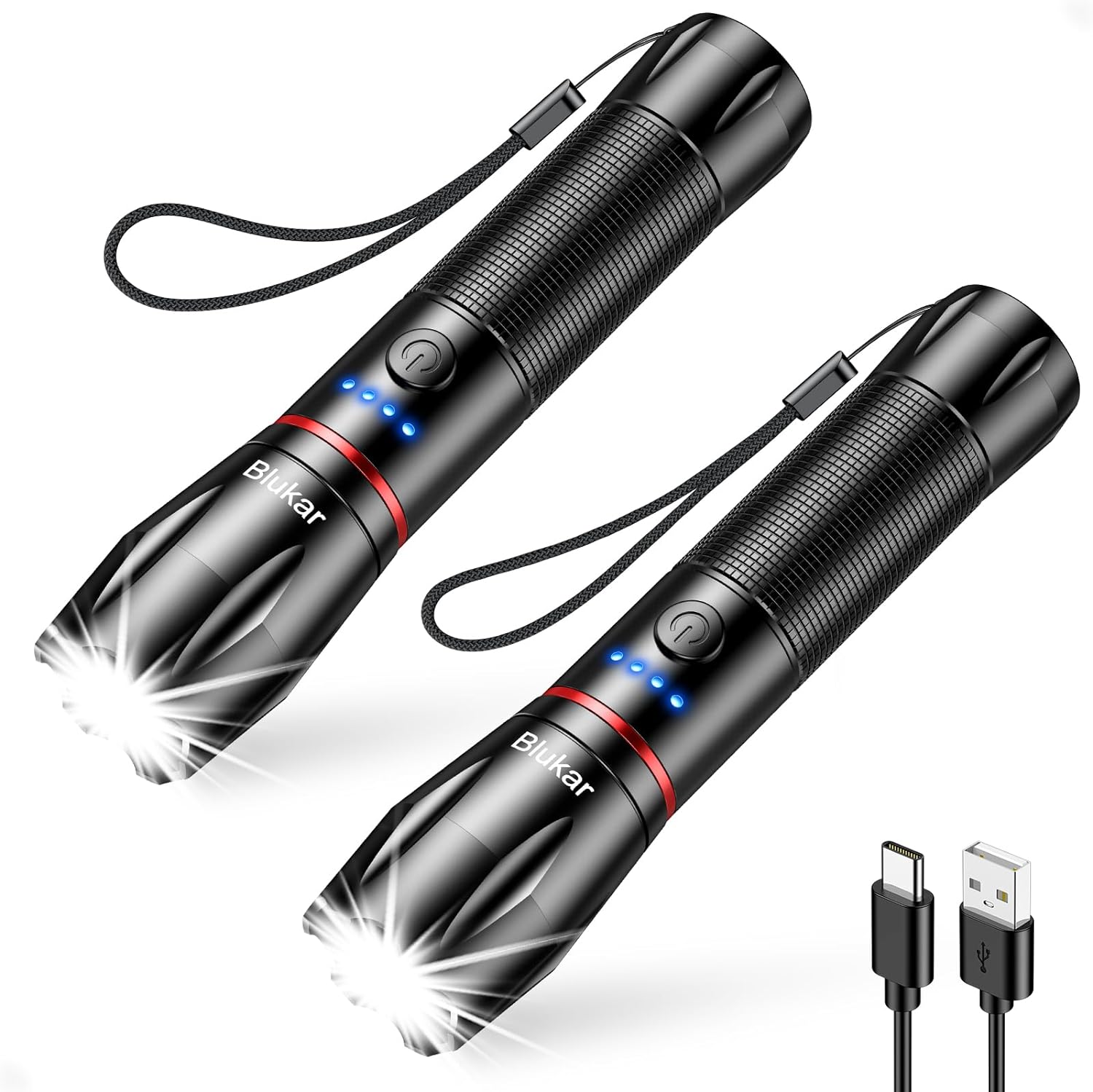 LED Torch Rechargeable, [2Pack] Torches Led Super Bright Flashlight with 5 Modes, Adjustable Focus,Waterproof, Lightweight Handheld Torch for Power Cut, Camping, Walking, Emergency etc.-Black