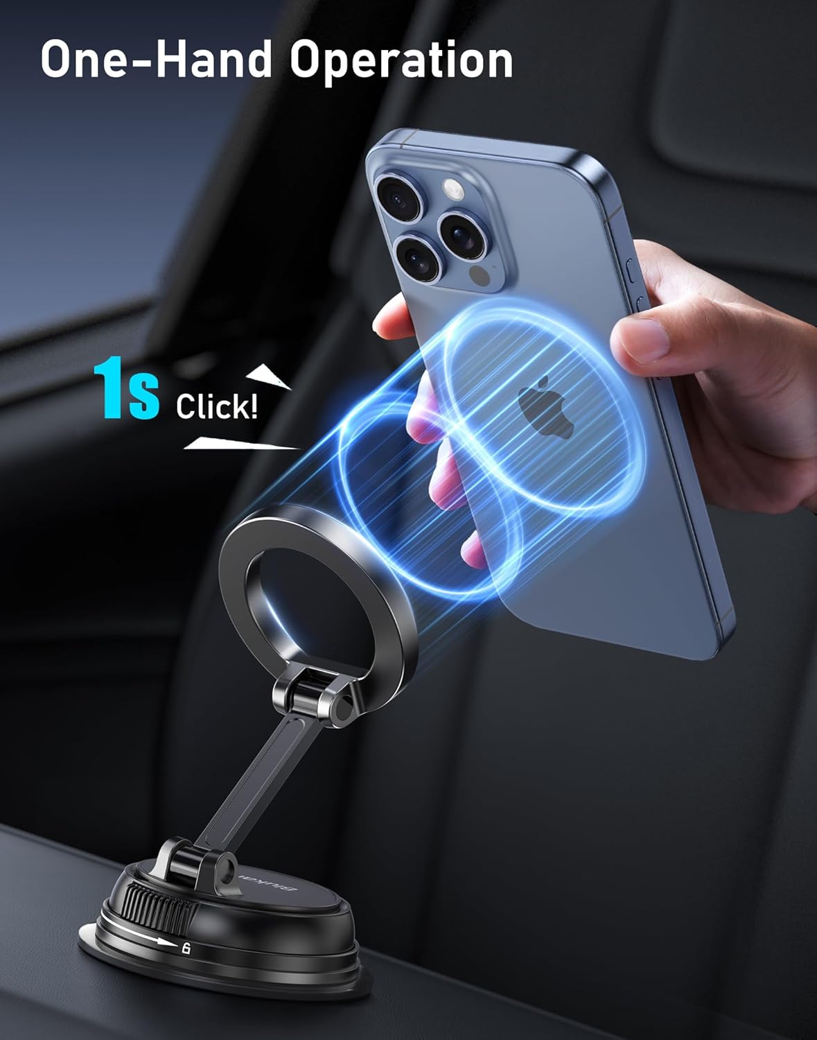 Blukar Car Phone Holder for MagSafe, [20xN52 Strong Magnets] Magnetic Car Phone Mount Cradle -360° Rotation, Stable Phone Holder with Upgraded Suction Cup for iPhone 16/15/14 & Others with Metal Plate