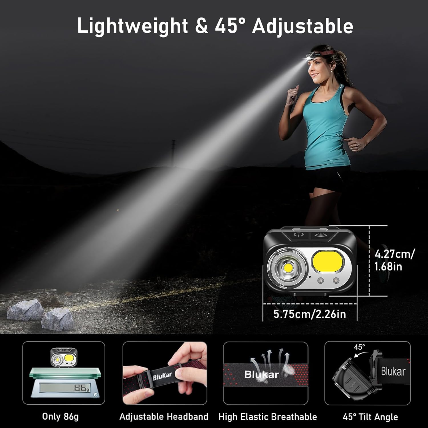 Blukar Head Torch Rechargeable, Super Bright Headlamp Headlight with 10 Light Modes, Spotlight Floodlight Combination, Sensor Control, IPX5 Waterproof, Long Battery Life for Running,Camping