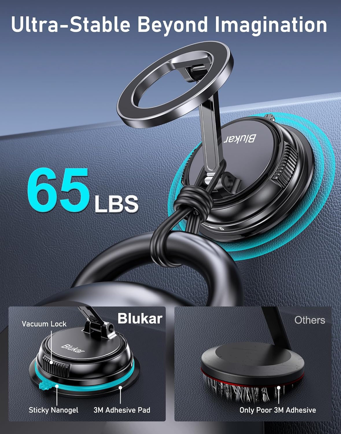 Blukar Car Phone Holder for MagSafe, [20xN52 Strong Magnets] Magnetic Car Phone Mount Cradle -360° Rotation, Stable Phone Holder with Upgraded Suction Cup for iPhone 16/15/14 & Others with Metal Plate