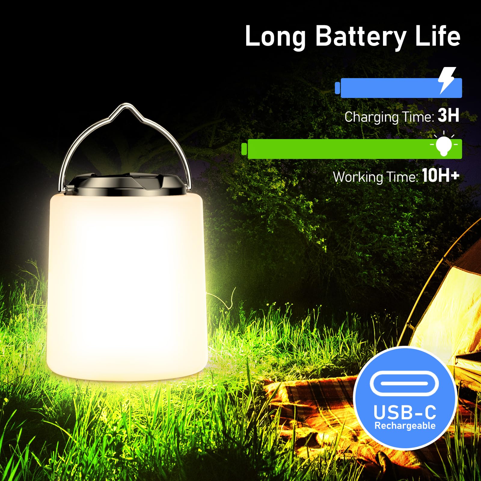 Blukar Camping Lantern Rechargeable - 3000K Warm Light, Brightness Adjustable,3 Light Modes