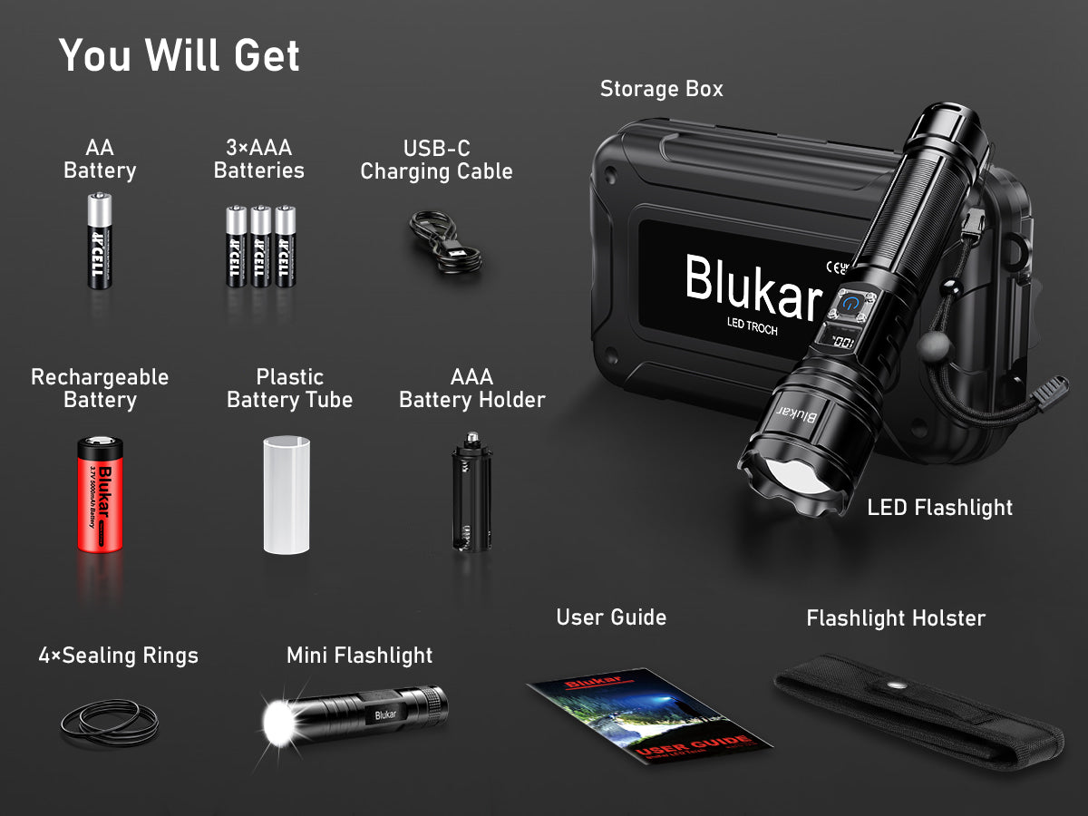 blukar rechargeable flashlight 5000mAh, Dual Color Temps, COB Side Light, 7 Modes, IP67, Adjustable Focus Red Buy Blukar rechargeable flashlight with 1800 mAh Blukar Rechargeable Flashlight 5000mAh,