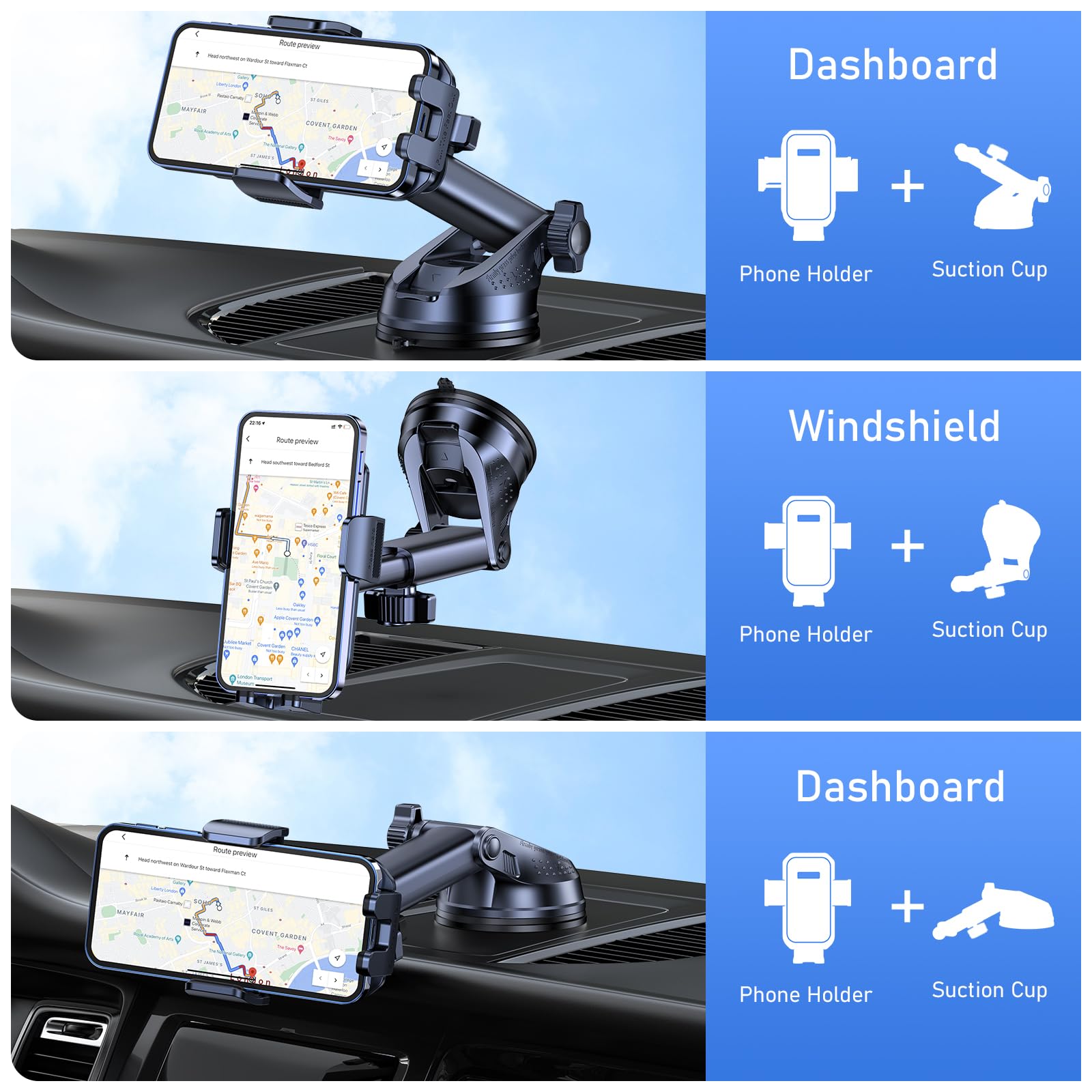 Blukar Adjustable One Button Release Car Dashboard/Windscreen Phone Holder