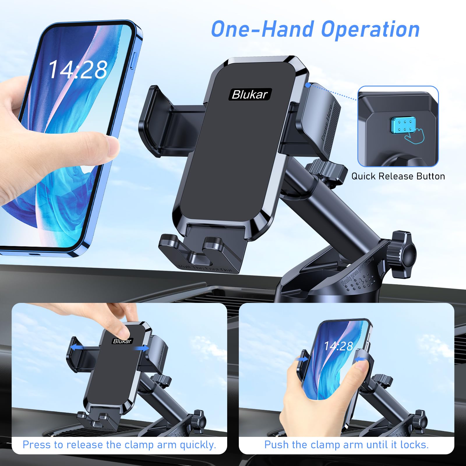 Blukar Adjustable One Button Release Car Dashboard/Windscreen Phone Holder