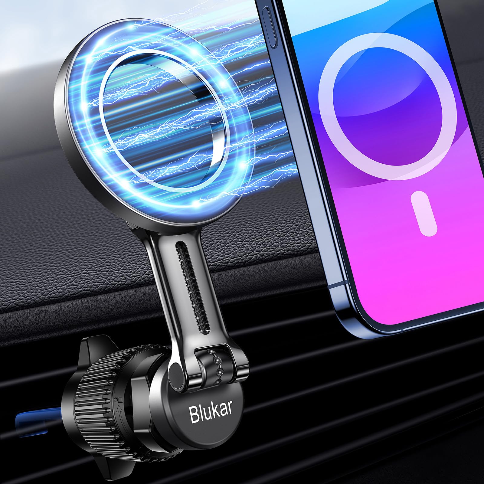 Blukar Car Phone Holder for MagSafe, [20xN52 Strong Magnets] Air Vent Magnet Car Phone Mount Cradle-360° Rotation, Super Stable Car Phone Holder for iPhone 16/15/14/13 Series & Others with Metal Plate