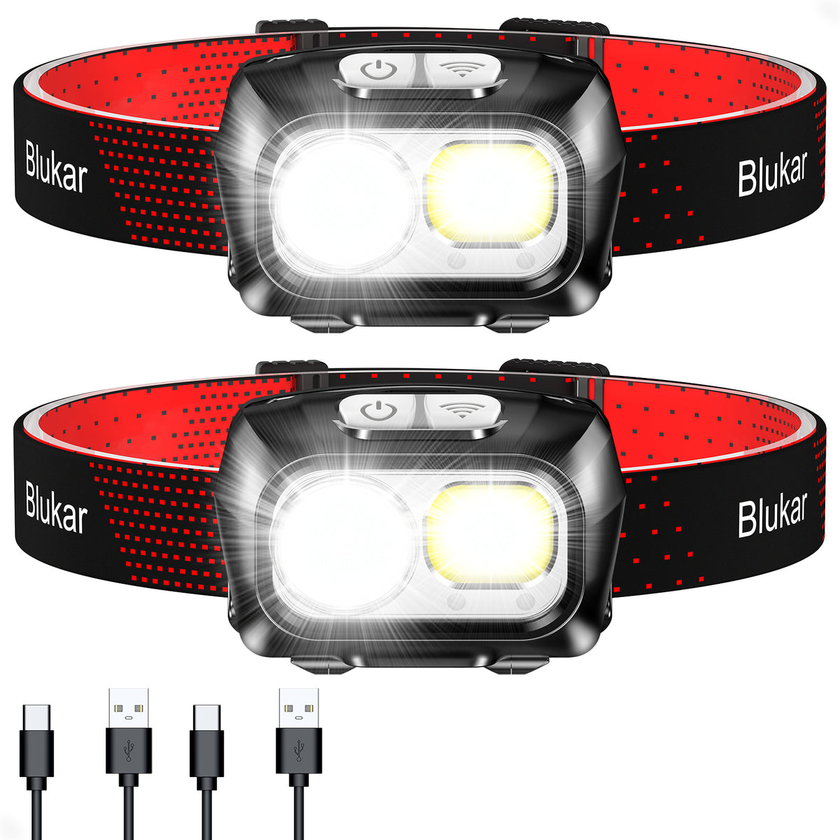 Blukar Rechargeable Headlamps [2 Pack], 8 Modes, Spotlight/Floodlight, Sensor Control, Waterproof
