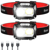 Lampe frontale rechargeable Blukar, [Lot de 2] Lampe frontale super lumineuse 2000 L avec 8 modes d'éclairage, combinaison projecteur, contrôle par capteur, étanche, longue durée de vie de la batterie pour la course à pied, le camping 
