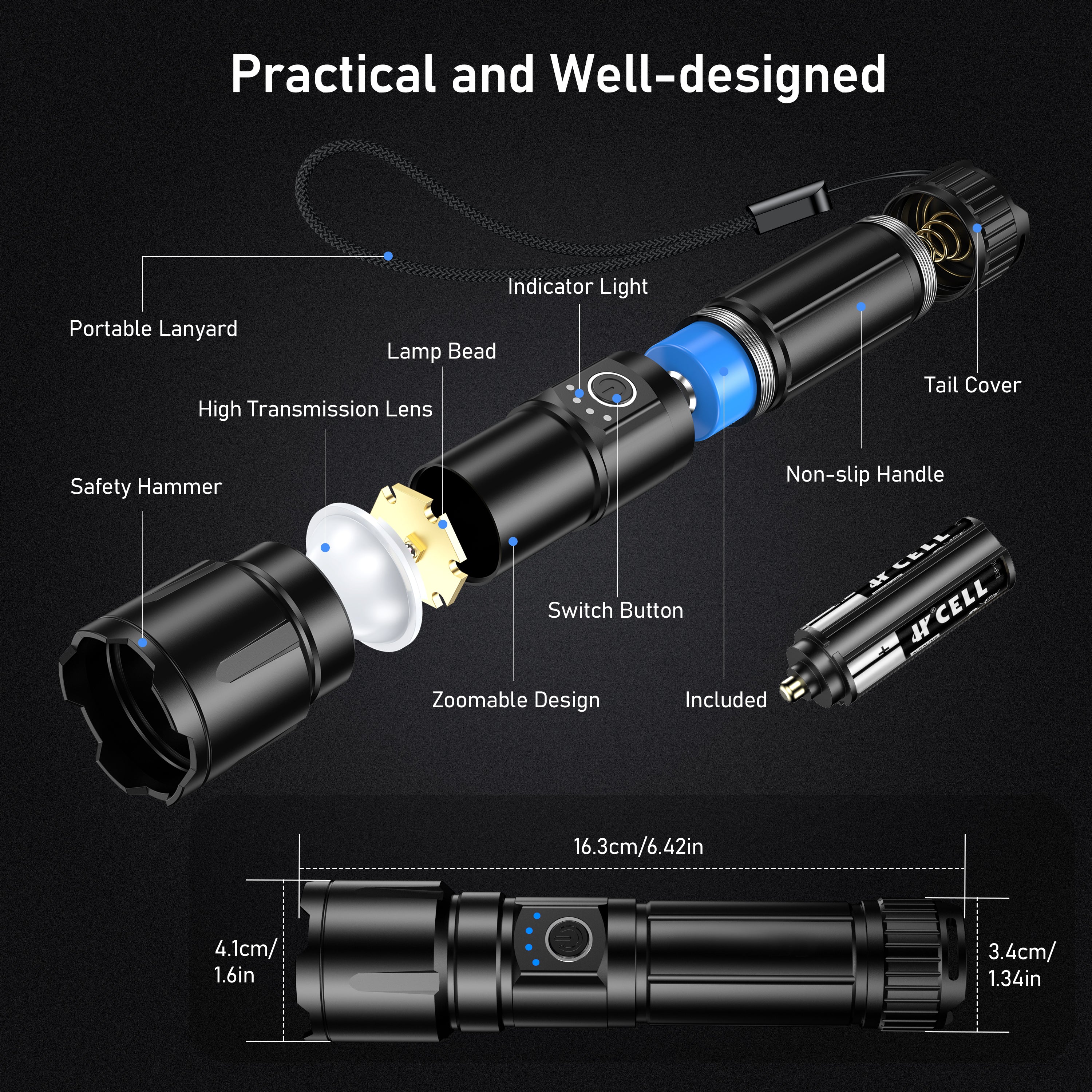 Blukar IP67 Waterproof Adjustable Focus Handheld LED Torch