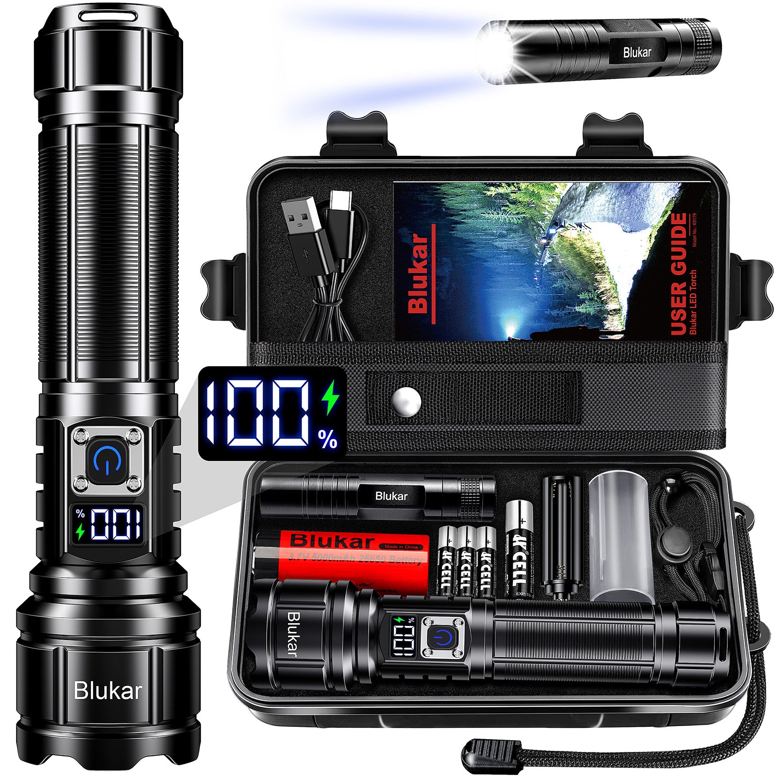 Blukar Torch Rechargeable, Torches LED Super Bright Flashlight, Adjustable Focus, 5 Modes, 5000 mAh Long Lasting, IP67 Waterproof, Smart Digital Display for Camping, Power Cuts, Emergency