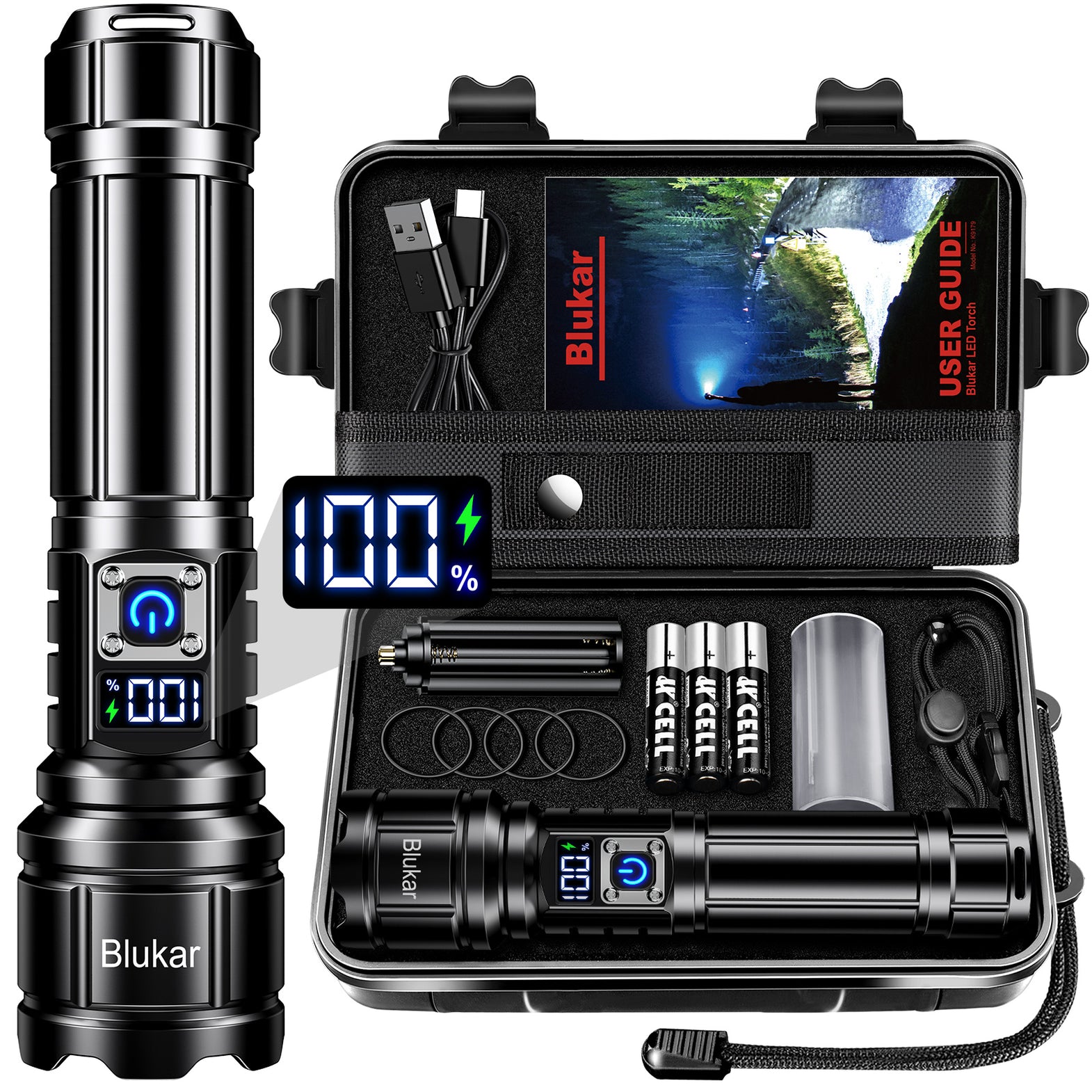Blukar Rechargeable LED Flashlight, 5000mAh, Smart Digital Display