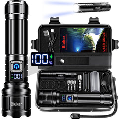 Blukar Torche Rechargeable, Lampe de Poche LED Super Lumineuse, Mise au Point Réglable, 5 Modes, 5000 mAh Longue Durée, Étanchéité IP67, Affichage Numérique Intelligent pour Camping, Coupures de Courant, Urgence 