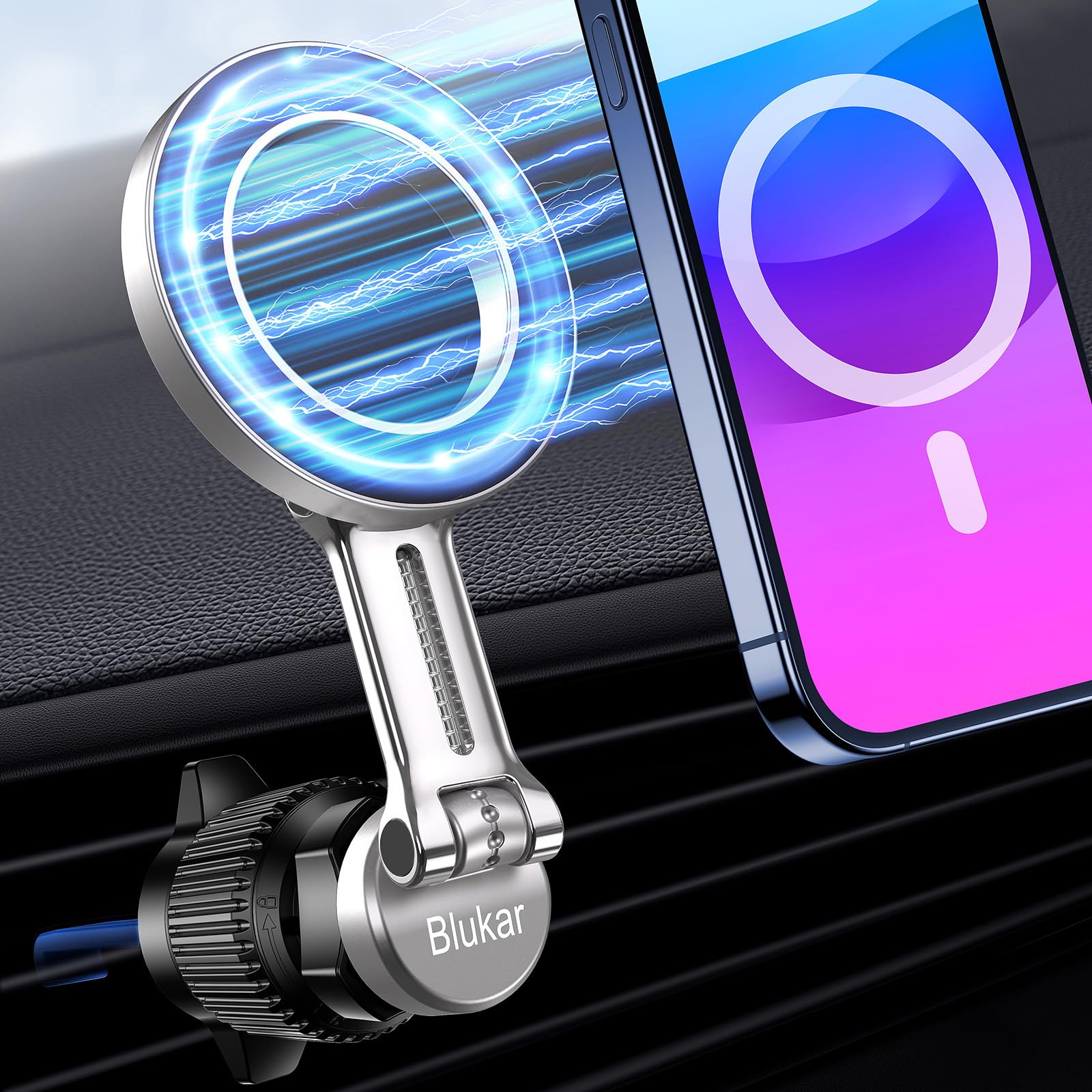 Blukar Car Phone Holder for MagSafe, [20xN52 Strong Magnets] Air Vent Magnet Car Phone Mount Cradle-360° Rotation, Super Stable Car Phone Holder for iPhone 16/15/14/13 Series & Others with Metal Plate