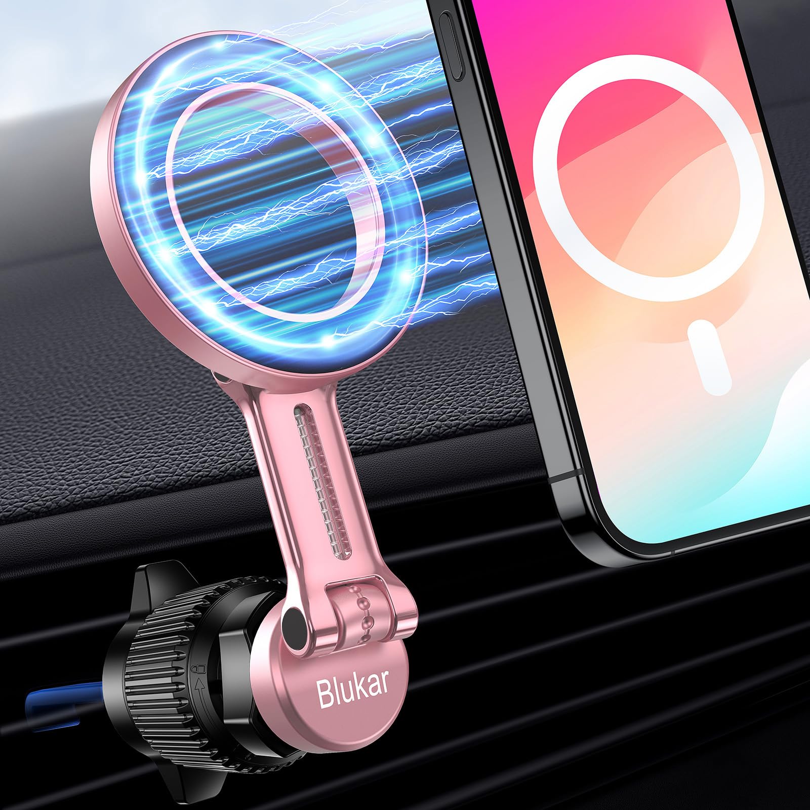 Blukar Car Phone Holder for MagSafe, [20xN52 Strong Magnets] Air Vent Magnet Car Phone Mount Cradle-360° Rotation, Super Stable Car Phone Holder for iPhone 16/15/14/13 Series & Others with Metal Plate