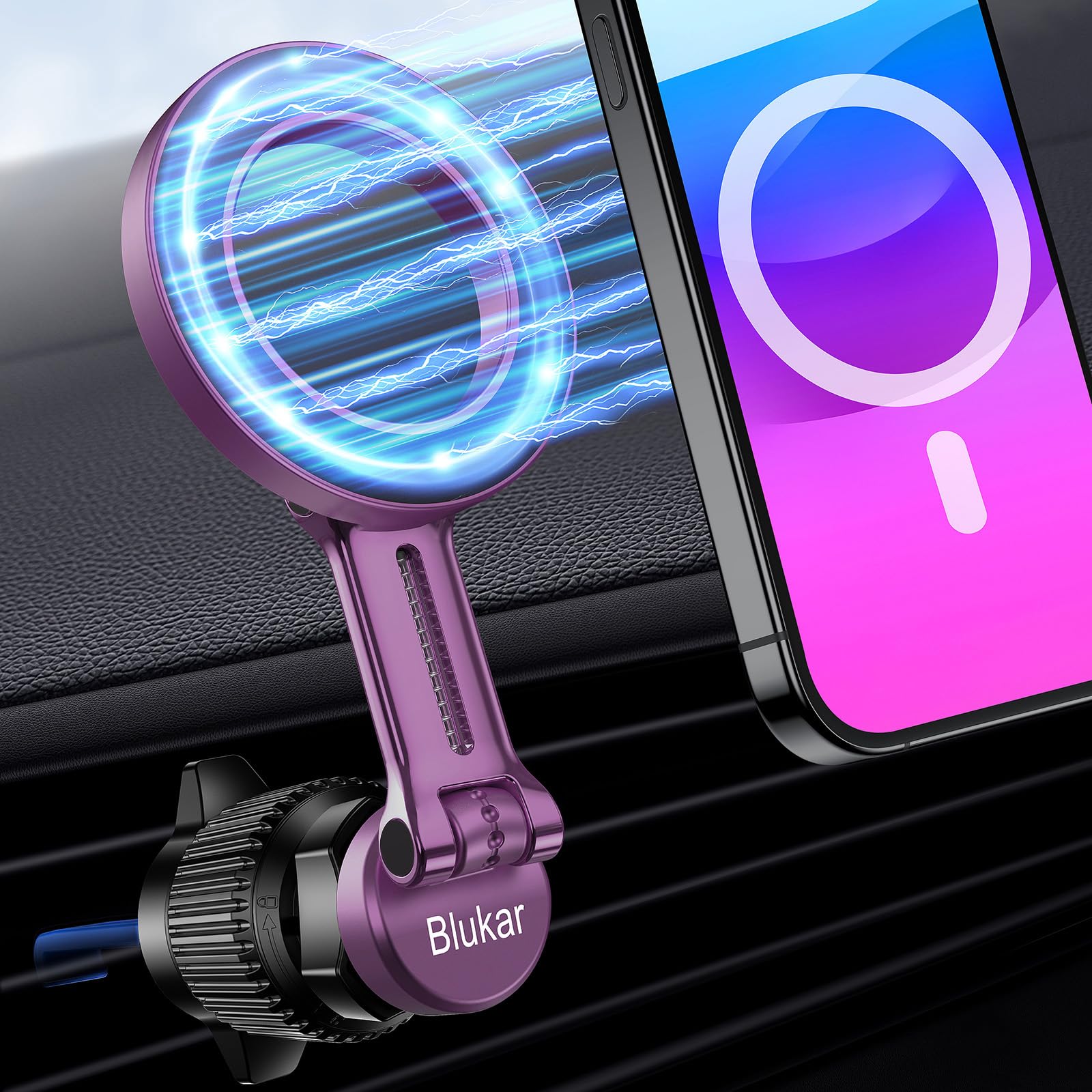 Blukar Car Phone Holder for MagSafe, [20xN52 Strong Magnets] Air Vent Magnet Car Phone Mount Cradle-360° Rotation, Super Stable Car Phone Holder for iPhone 16/15/14/13 Series & Others with Metal Plate