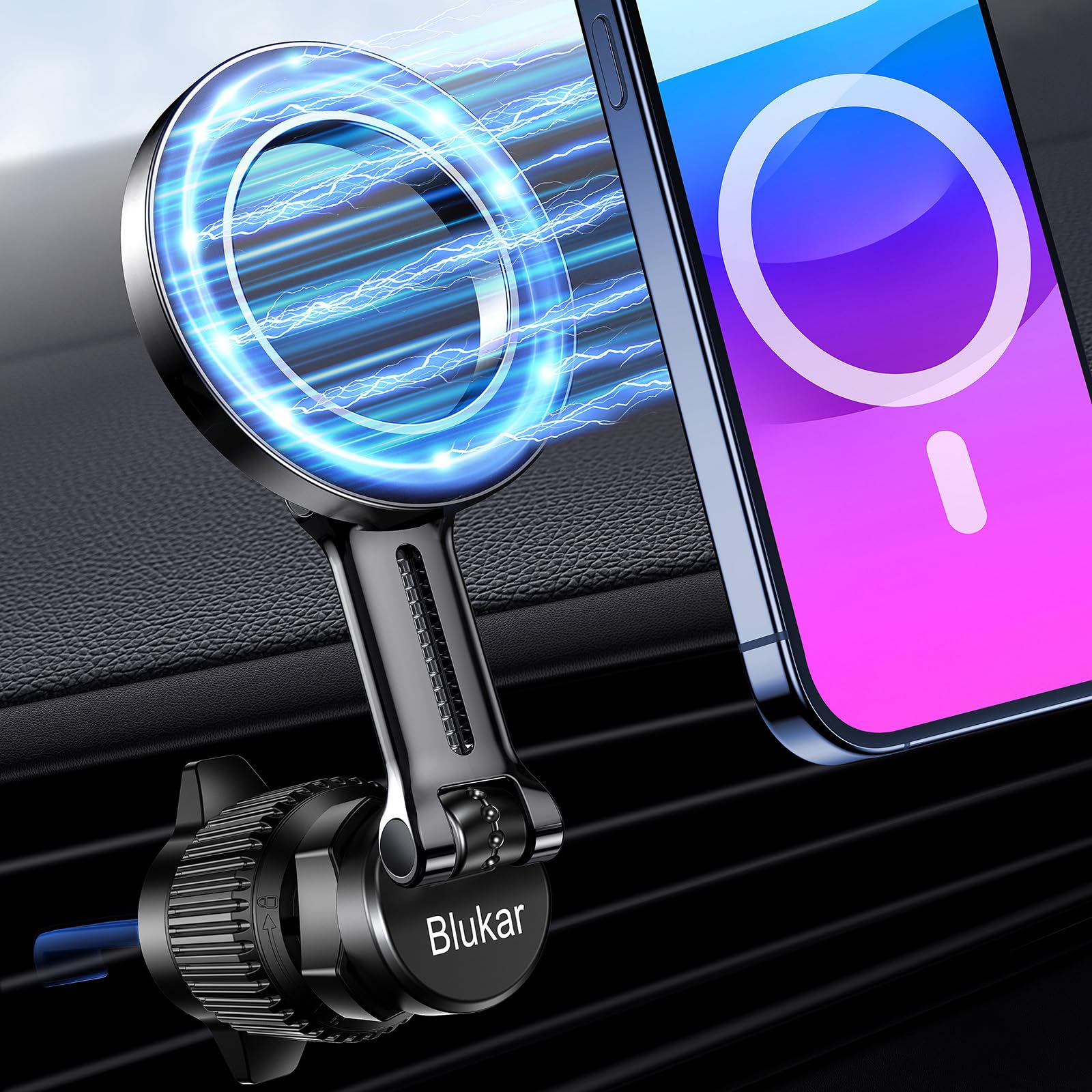 Blukar Car Phone Holder for MagSafe, [20xN52 Strong Magnets] Air Vent Magnet Car Phone Mount Cradle-360° Rotation, Super Stable Car Phone Holder for iPhone 16/15/14/13 Series & Others with Metal Plate