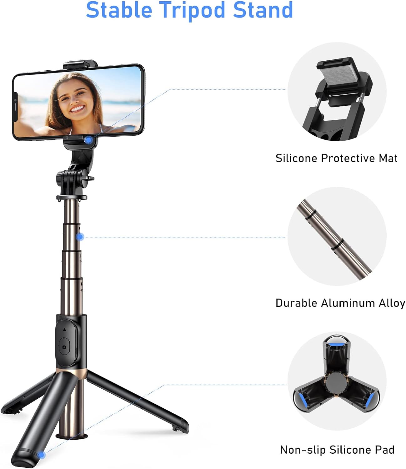 Blukar Selfie Stick, 4 in 1 Extendable Bluetooth- 360° Rotation Stable Tripod Stand with Detachable Wireless Remote