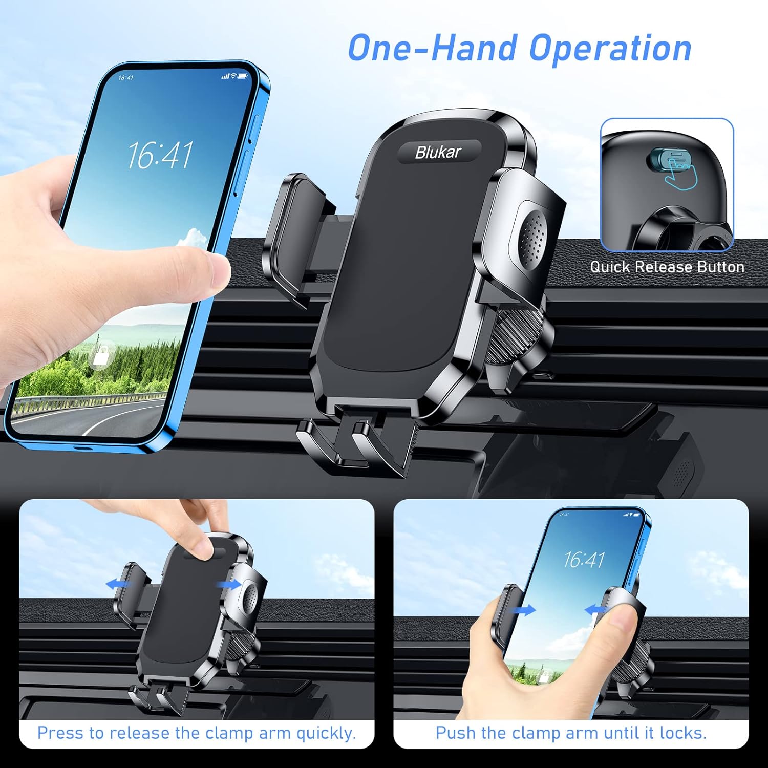 Blukar Adjustable One Button Release Hook Clip Car Phone Holder