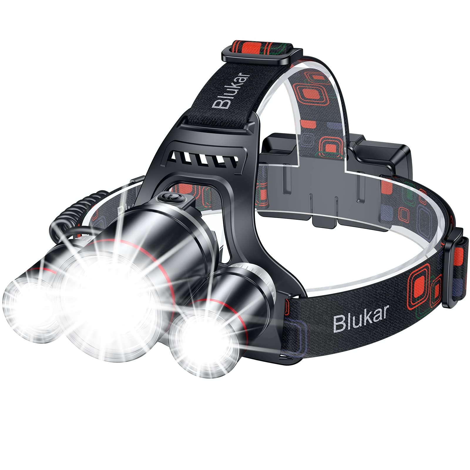 Blukar IPX6 Waterproof Adjustable Focus Headlight Rechargeable with 3 Lights 5 Modes (8000L)